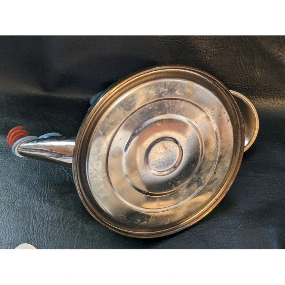 Vintage Alessi Michael Graves Chrome Silver Red Bird Blue Handle Teapot Italy